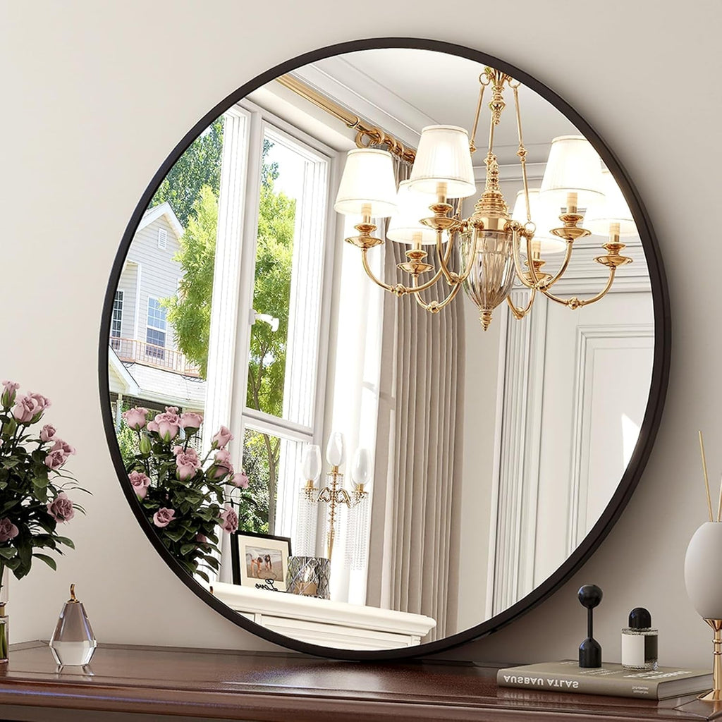 30 Inch Matte Black Round Wall Mirror Bathroom Decor