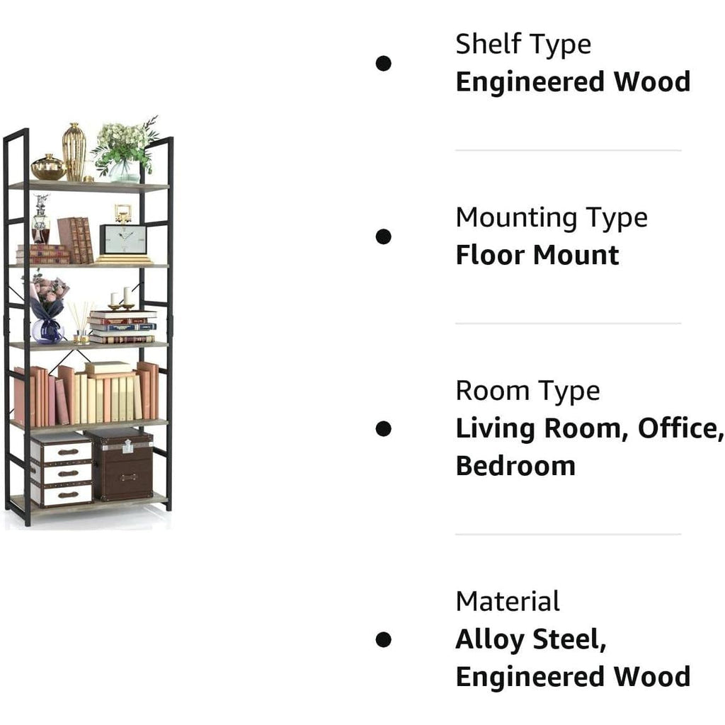 Graues 5-stufiges Bücherregal - Modernes Regal für Büro & Wohnzimmer