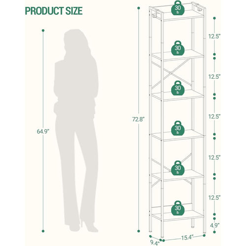 6 Tier White Industrial Bookshelf For Home Office Living Room