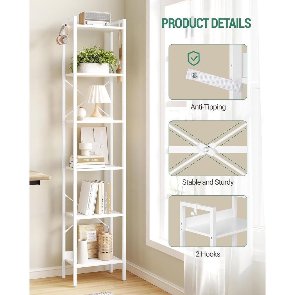 6 Tier White Industrial Bookshelf For Home Office Living Room