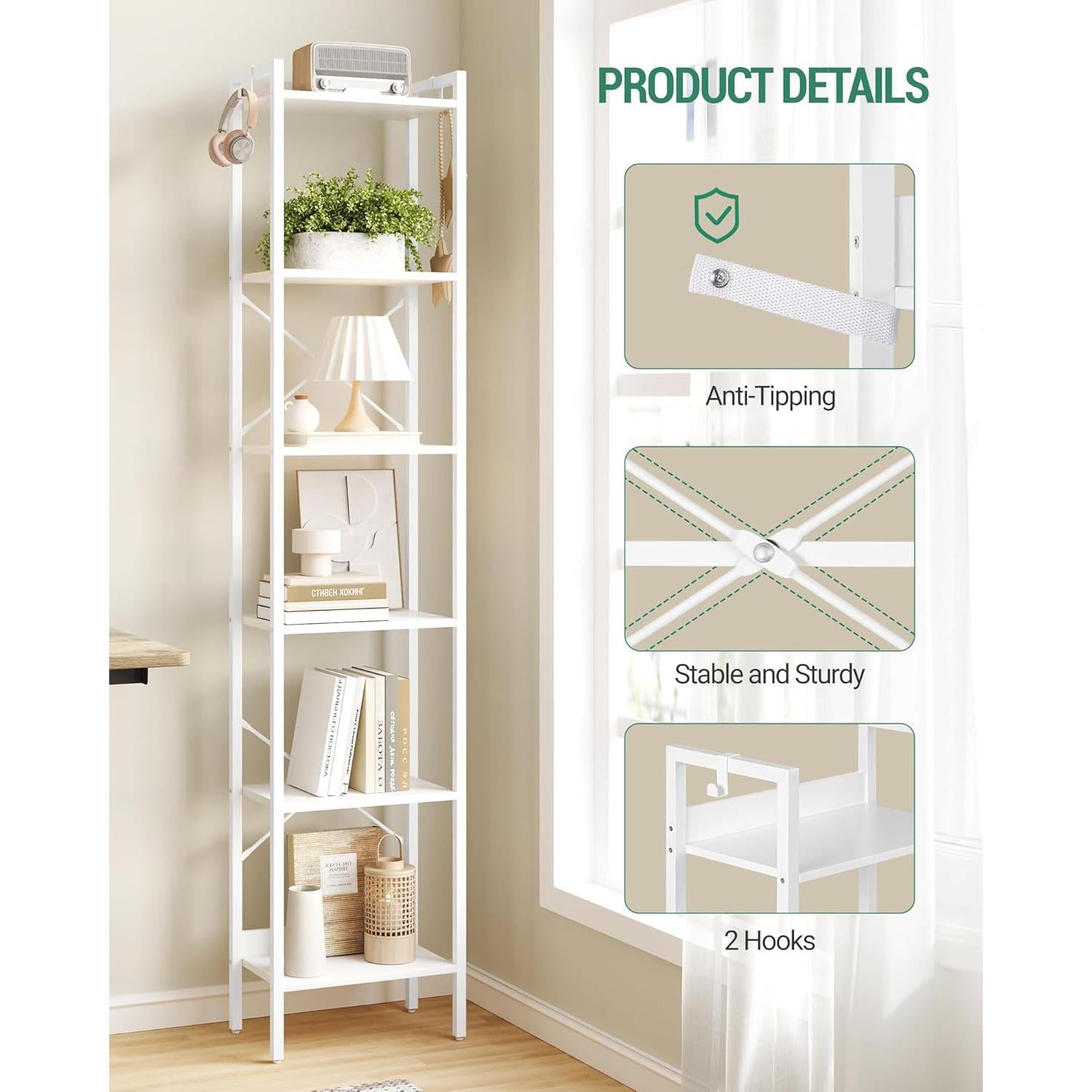 6 Tier White Industrial Bookshelf For Home Office Living Room