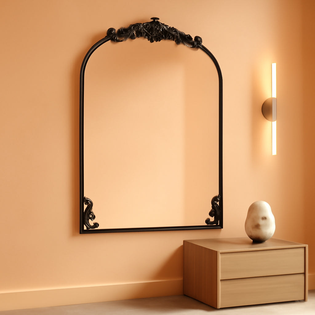 36x24 Arched Baroque Wall Mounted Matte Black Mirror