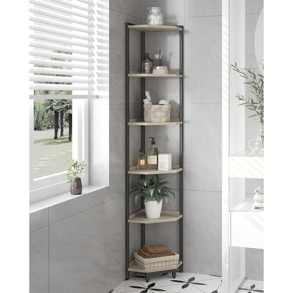 6-Tier Greige Corner Shelf Stand For Living Room And Office