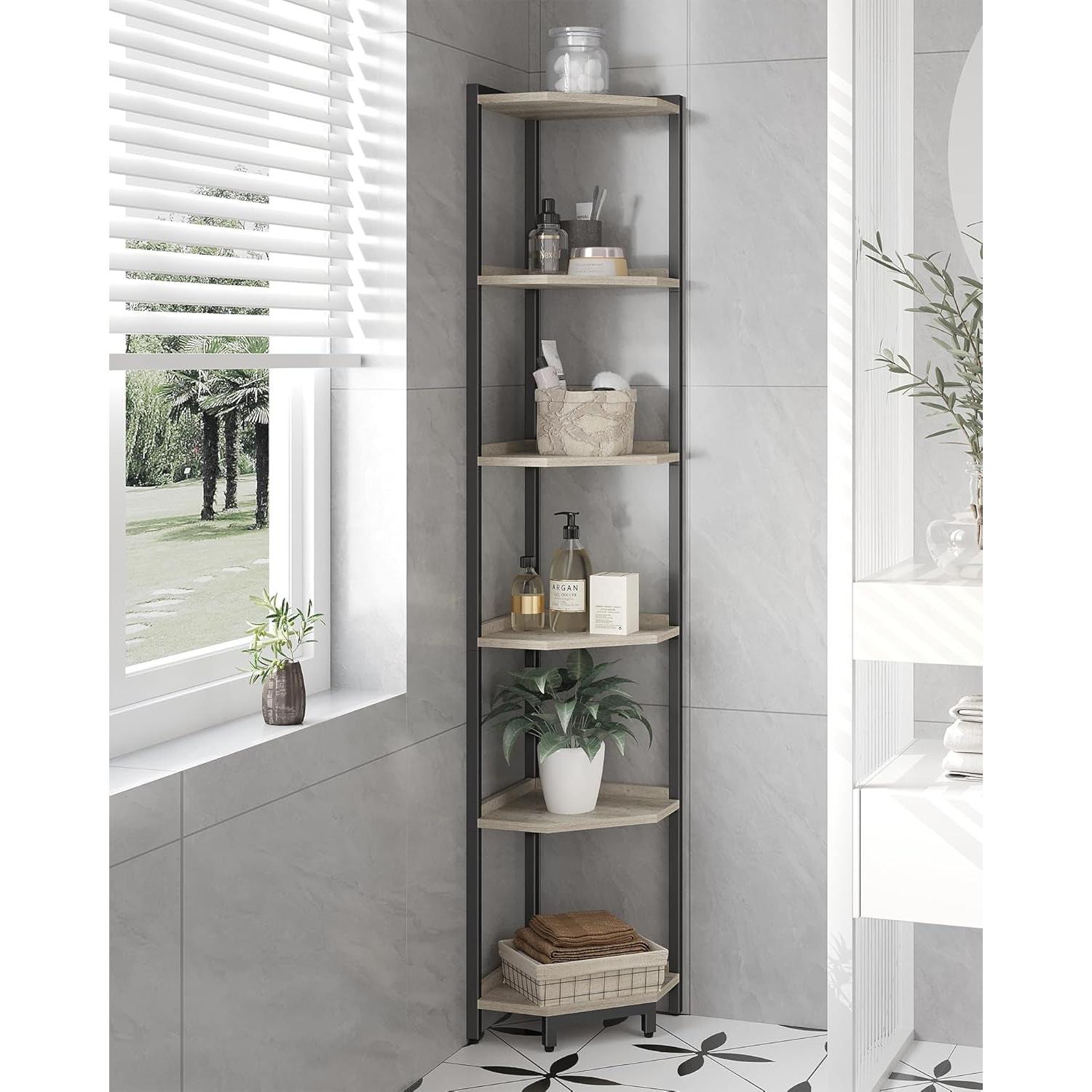 6-Tier Greige Corner Shelf Stand For Living Room And Office