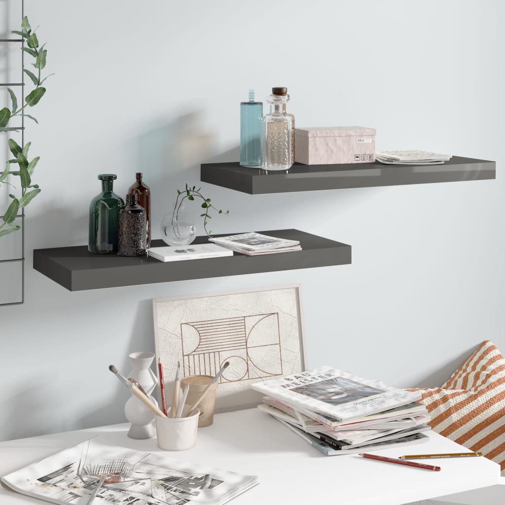 NNEVL Schwebende Wandregale 2er Set Hochglanz Grau 60x23,5x3,8 cm MDF