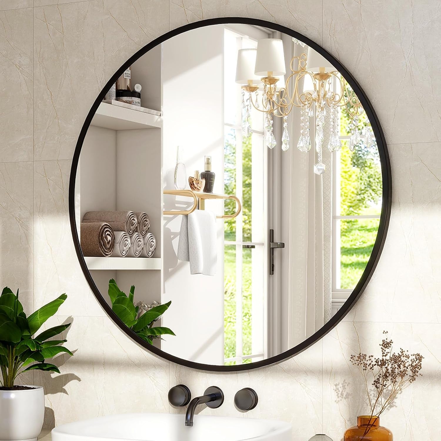 30 Inch Matte Black Round Wall Mirror Bathroom Decor