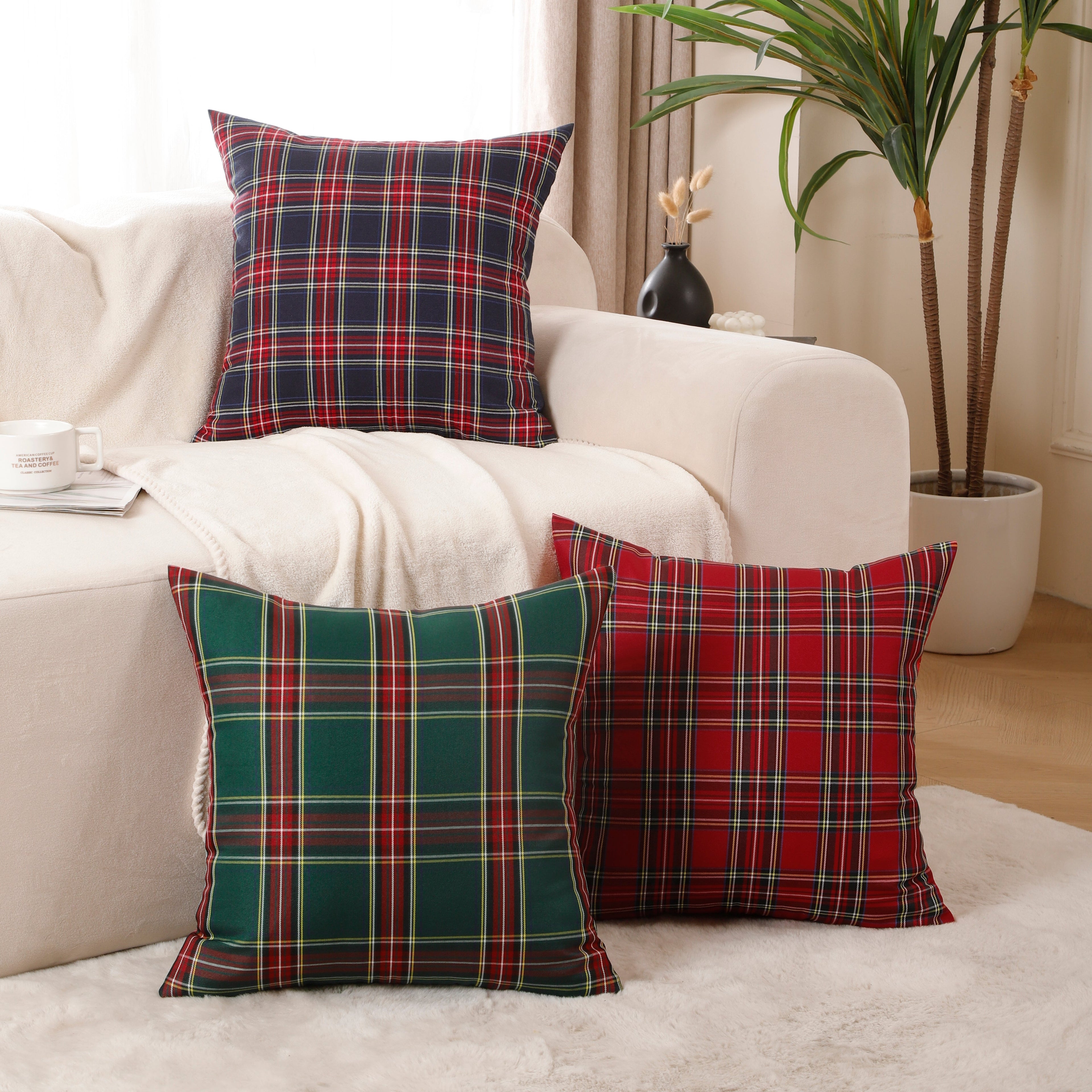 Polyester Baumwolle Tartan Karo Kissenbezug 45x45 cm - Mehrere Designs