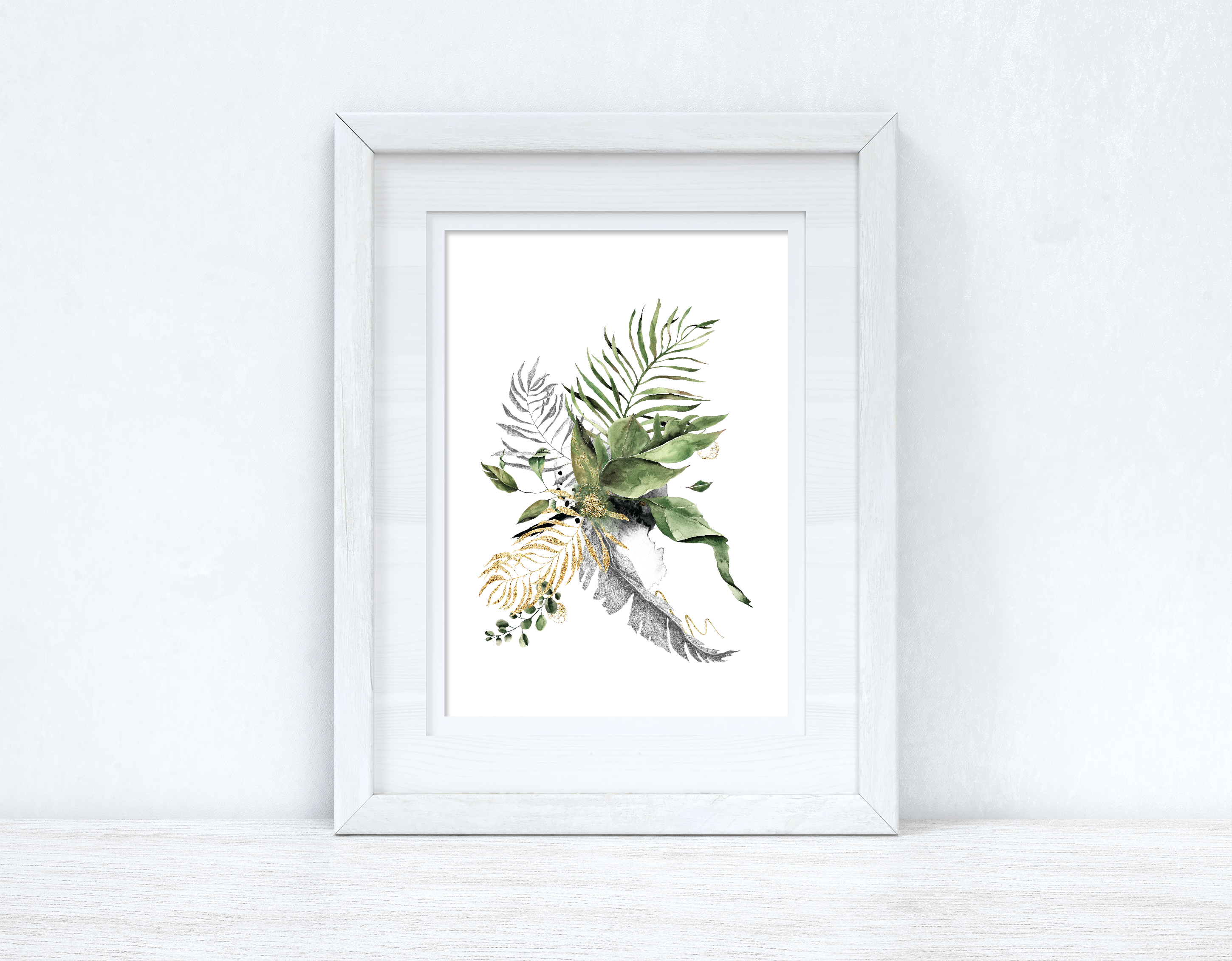 Aquarell Gold Grau Grünpflanzen Wandbild - Elegantes Poster für Schlafzimmer & Wohnzimmer