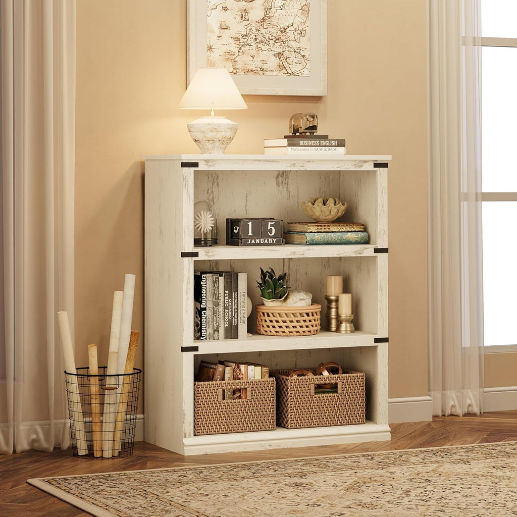 3 Tier Farmhouse Wood Bookcase With Storage White 40 Inch High 31.5 Inch Wide For Living Room And Home Office