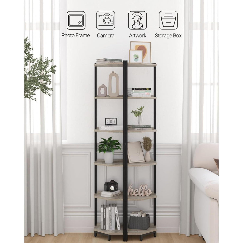 6-Tier Greige Corner Shelf Stand For Living Room And Office