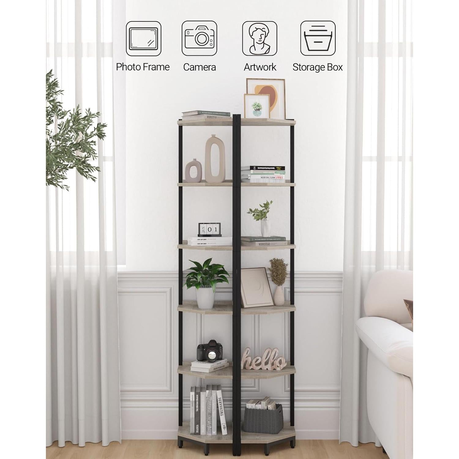 6-Tier Greige Corner Shelf Stand For Living Room And Office