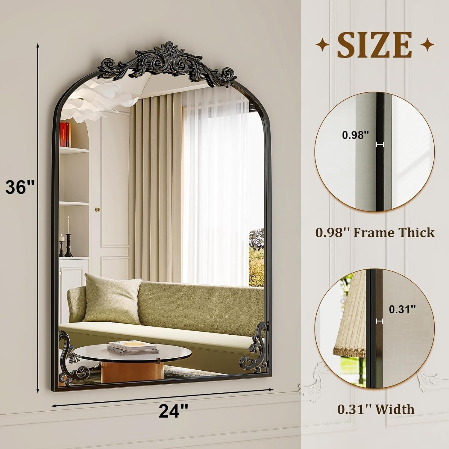 36x24 Arched Baroque Wall Mounted Matte Black Mirror