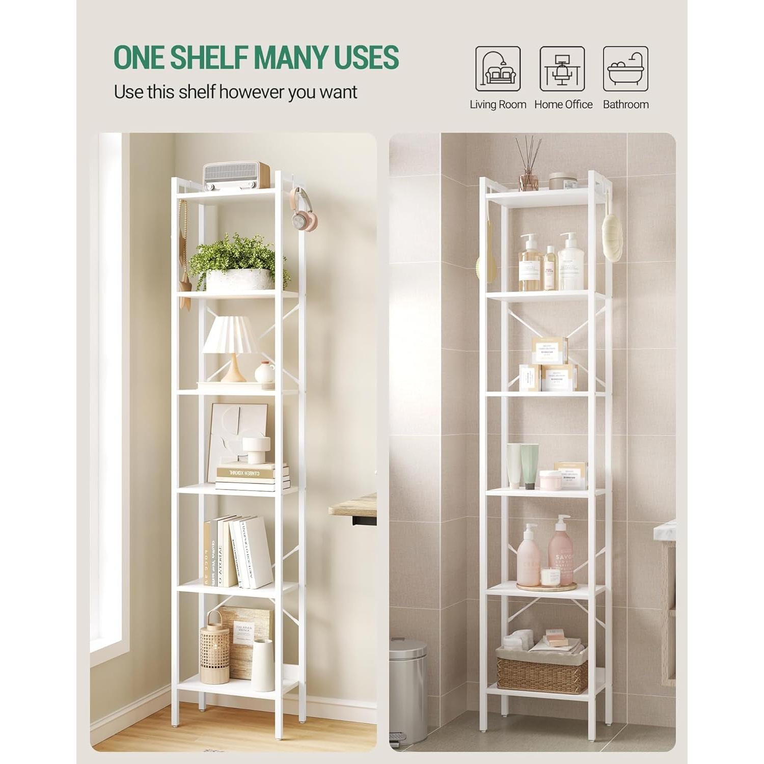 6 Tier White Industrial Bookshelf For Home Office Living Room