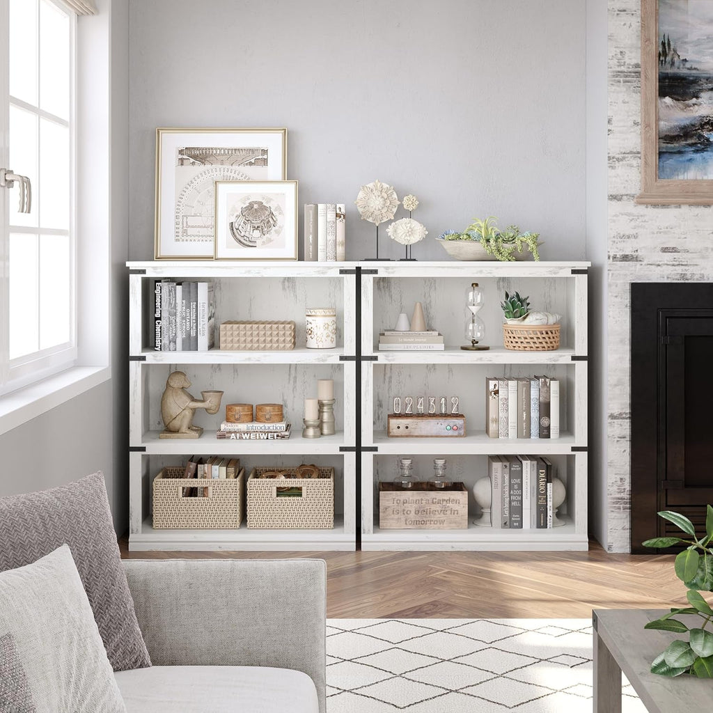3 Tier Farmhouse Wood Bookcase With Storage White 40 Inch High 31.5 Inch Wide For Living Room And Home Office