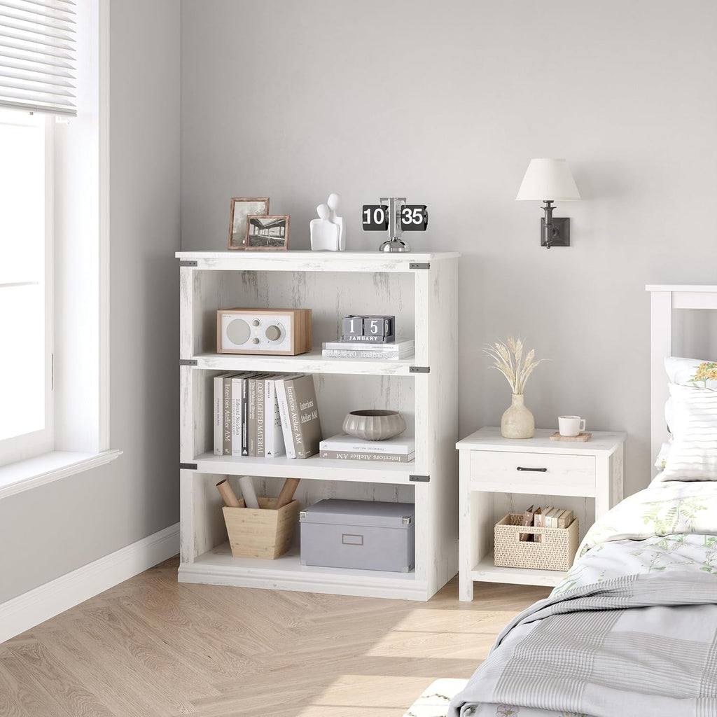 3 Tier Farmhouse Wood Bookcase With Storage White 40 Inch High 31.5 Inch Wide For Living Room And Home Office