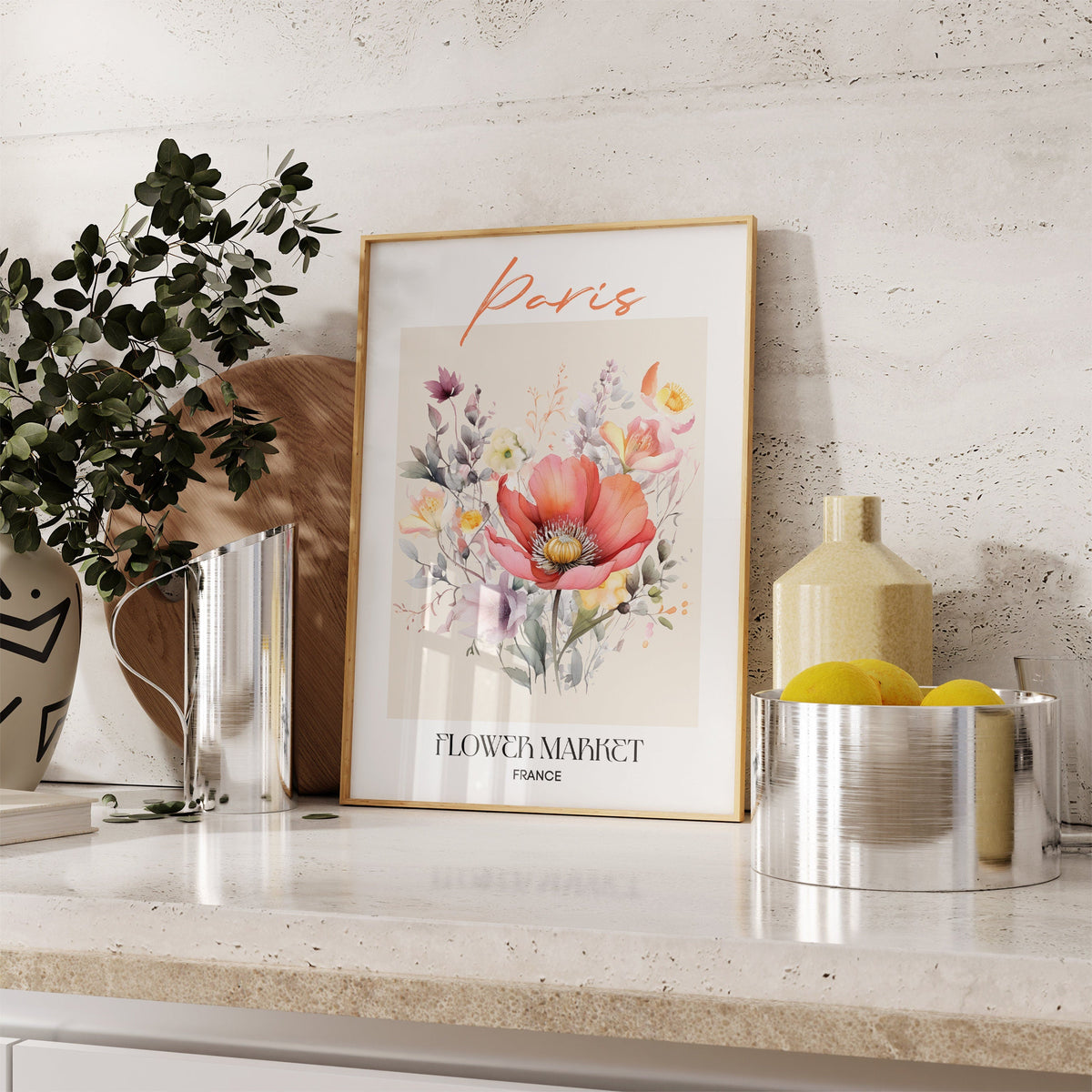 Paris Flower Market France Design Poster I Geschenkidee I Wanddeko Wohnzimmer Küche I Skandinavisches Design I Deko Print ohne Rahmen